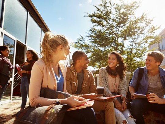 Shot of a group of students studying outside on campus